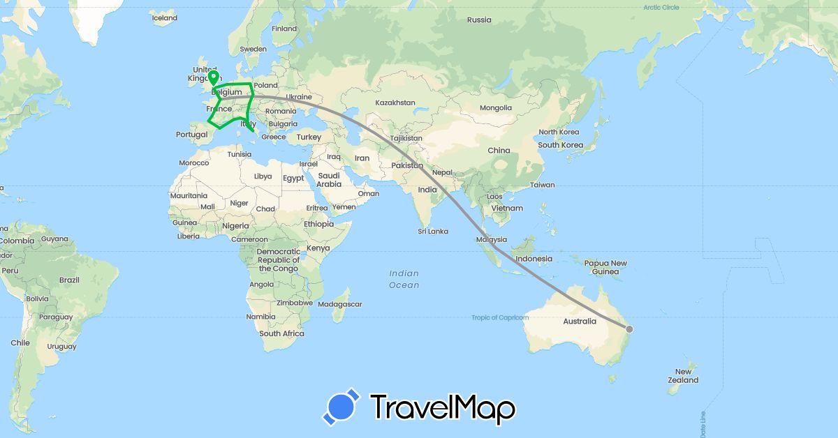 TravelMap itinerary: driving, bus, plane in Austria, Australia, Czech Republic, Germany, Spain, France, United Kingdom, Italy, Netherlands, Singapore (Asia, Europe, Oceania)